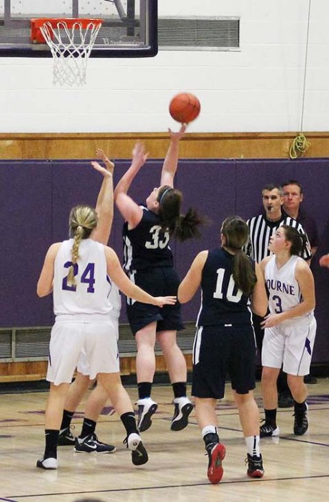 Ally Cerrato puts up a shot against Bourne.  Ally closed out her RHS career with a 20 point game.  photo by Mrs. Patton