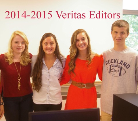 Editors of the Veritas this year are left to right: Jason Golemme, Arts Editor, Haley Macray, Web and Features Editor, Alexandra Pigeon and Katherine Delorey, Editors-in-Chief, Cameron Stuart, Sports Editor